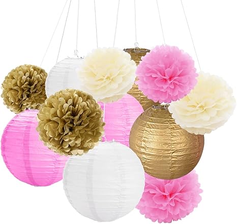 Amazon 12個のティッシュペーパーポンポンの花と紙のランタンパーティーデコレーション ゴールド ピンク アイボリー インテリア オンライン通販