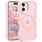 Pepmune for iPhone 16 Case, Curly Wavy Frame Hard Translucent Matte Clear Back Cover for Women Men Compatible with Magsafe TPU Bumper Shockproof Drop Protection Phone Case for iPhone 16, Pink