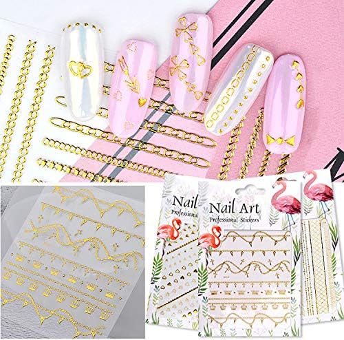 Banamic Gold Metallic Chains Nail Stickers 3d Mix Wave Heart Bow Self Adhesive Sticker DIY Nail Art Decorations
