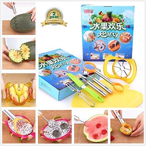 Fruit Corer Slicer,Fruit Slicer,MayPal 6 in 1 Fruit Vegetable Slicer-Apple Corer, Melon Baller Scoop, Fruit Carver, Knife, and Cutting Board