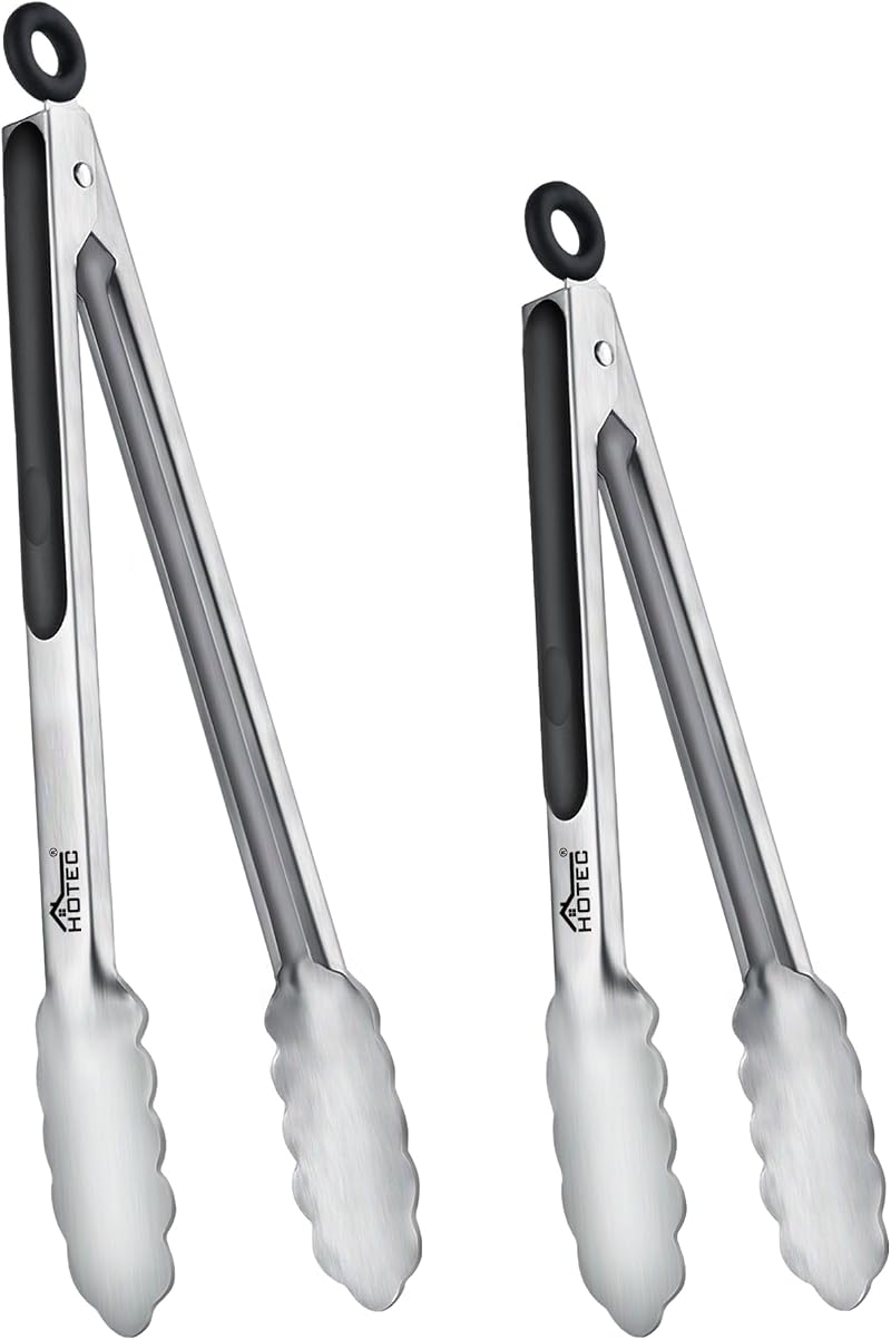 Hotec Stainless Steel Kitchen Tongs Set 2 9" 12" Locking Non-Slip Grip Food BBQ