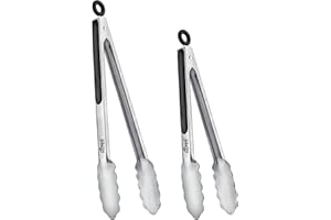 Hotec Stainless Steel Kitchen Tongs Set of 2-9" and 12", Locking Metal Food Tongs Non-Slip Grip