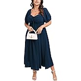 SCOMCHIC Plus Size Sweetheart Neckline Maxi Dress Formal Wedding Guest Short Puff Sleeve Cocktail Smocked A-Line Dresses