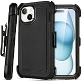 Yowtrey for Black iPhone 15 Case with Belt Clip, Shockproof Heavy Duty Rugged, 3 Layers of Sturdy,Anti-Drop, Military-Grade Defender Cover for iPhone 15 Case Black