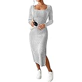 ETCYY NEW Womens Fall Dresses Square Neck Knitted Elastic Basic Spring Bodycon Versatile Slit Dress