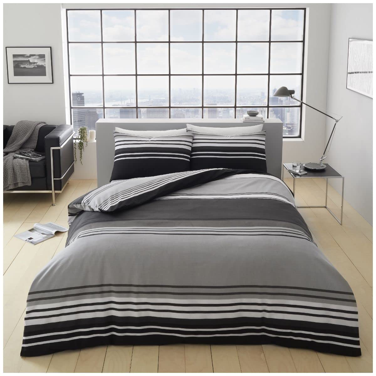 GC GAVENO CAVAILIA Printed Stripe Duvet Cover King Size, Striped Bedding & Linen Set, Easy Care Quilt Bed Covers, Black/White