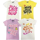 MISS POPULAR Girls 4-Pack Super Soft Short Sleeve T-Shirts Rainbow Butterfly Glitter Print Cute Design| Sizes 7-16