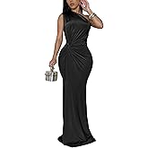 YMDUCH Women's Elegant One Shoulder Sleeveless Twist Waist Bodycon Party Long Dress