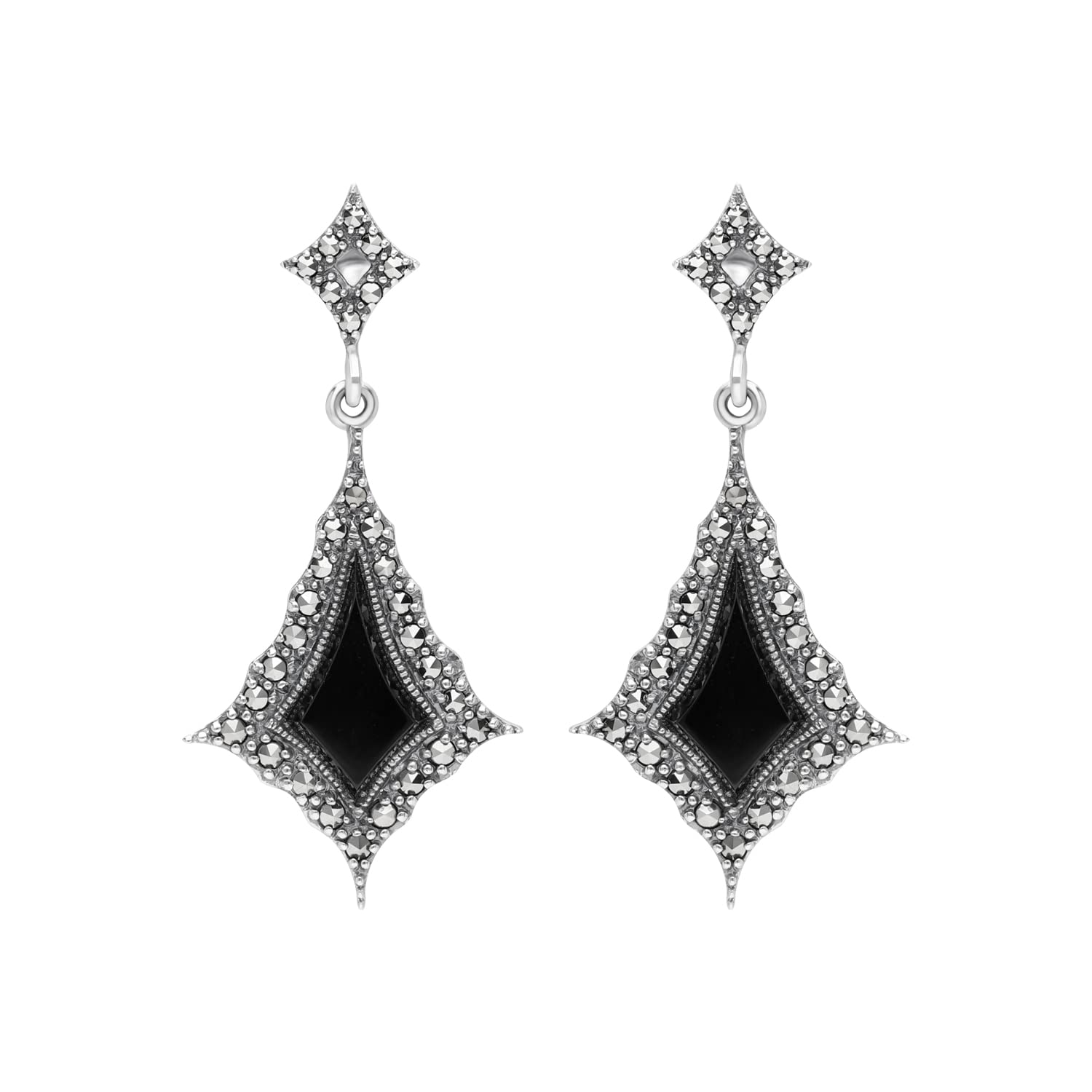 Esse Marcasite Sterling Silver Gothic Style Black Onyx and Marcasite Art Nouveau Dangle Earrings