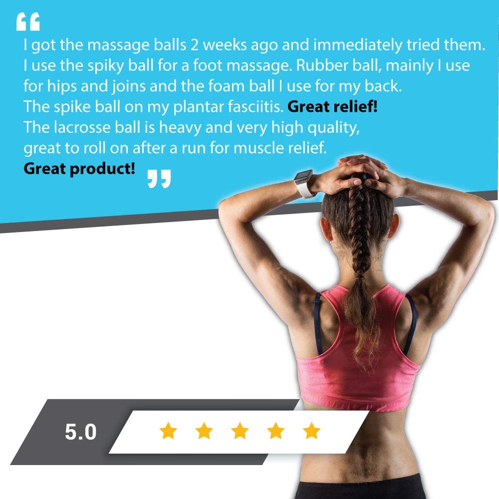 Therapeutic Massage Ball Set: Eliminate Pain! Rubber, Spikes & Foam Roller Massager Balls. Myofascial Release, Trigger Point & Plantar Fasciitis Therapy. Releases Muscle Aches: Thigh, Back, Knee, etc