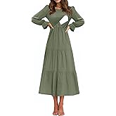 CzzzyL Women's Nursing Dress Flounces Long Sleeve Crew Neck Smocked Bodice Ruched Elastic Waist Tiered Midi with Pockets