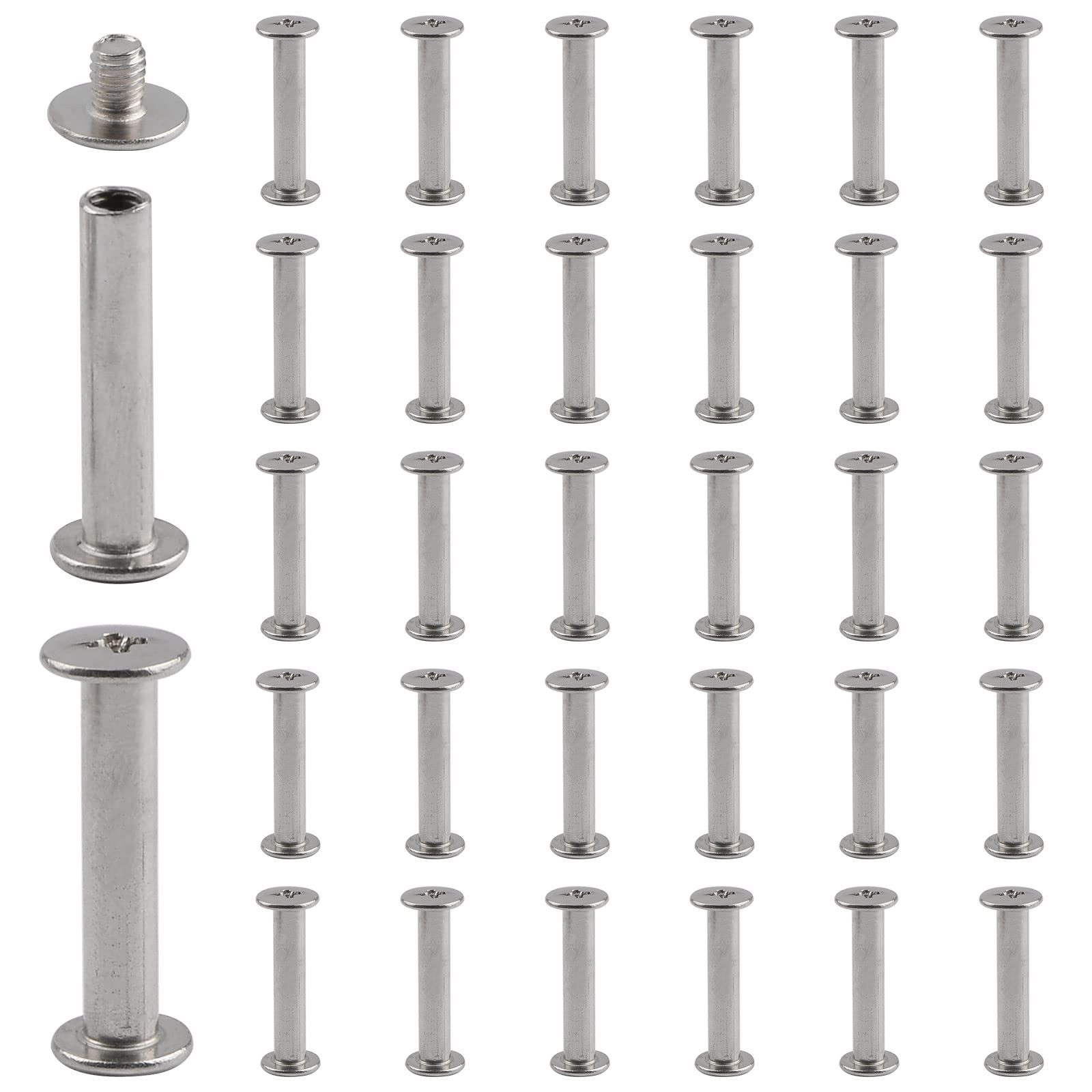 INCREWAY Stainless Steel Phillips Screws, 30 Sets 5mm X 25mm Chicago Binding Screws Round Cross Head Stud Screw Posts Nail Rivet Chicago Button, Silver Tone