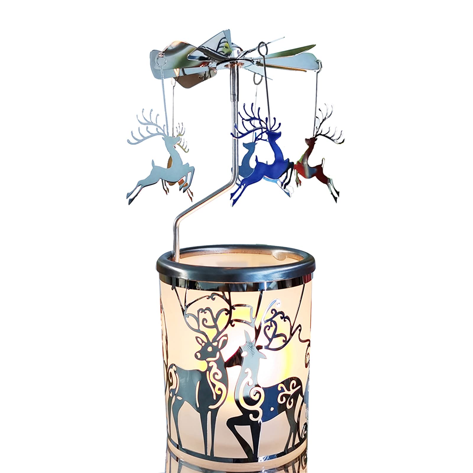 kingnero carousel candle rotary candle holder Christmas snowflake spinning candleholder metal tea light holder candlestick for home decoration or relatives and friends gift (Silver reindeer)