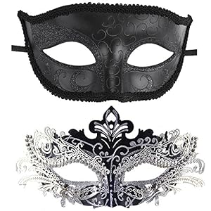 Image of Coxeer Couple Masquerade Masks, Gorgeous Venetian Mask Metal Masks Halloween Costume Mask Mardi Gras Mask (Black)