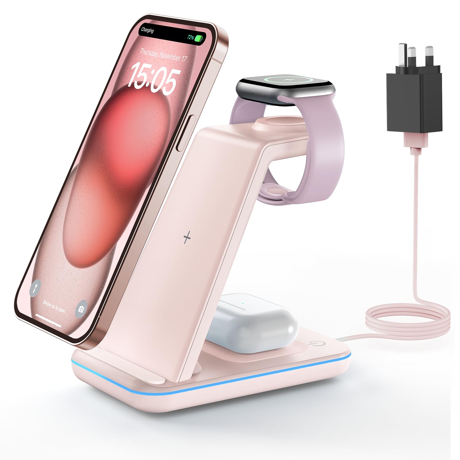 GEEKERA Wireless Charger, 3 in 1 Wireless Charging Station for iPhone Air/17/16/15/14/13/12/11/Pro Max/X/8, Phone and Watch Charger Stand for Apple Watch Ultra 3-2/11-2/SE, AirPods Pro/4/3/2, Pink