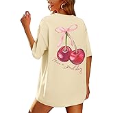 BINTEHGS Oversized Graphic Tees for Women Trendy Cherry Printed Shirt Cute Summer Aesthetic Cotton Tshirts Tops for Teens