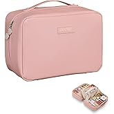 AUCCNT Travel Makeup Bag, Large Capacity Cosmetic Bags for Women, Waterproof Portable Pouch Open Flat Toiletry Bag Make up Bag, Pink