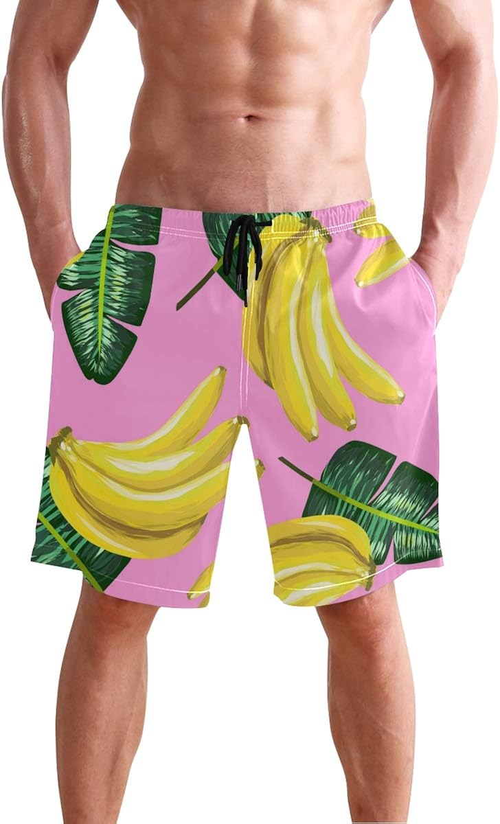 Men's Bunch of Yellow Bananas Pattern with Leaves Board Shorts Quick Dry Swim Trunks Beach