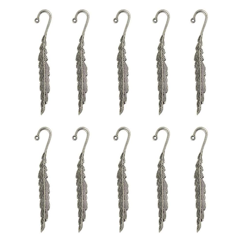 POFET 10 pcs Tibetan Silver Beading Feather Bookmarks with Loop for DIY Making