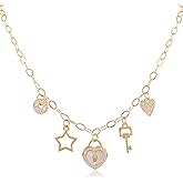 Chicgrowth Gold Charm Necklace for Women Gold Plated Chain Pendant Necklace with Cute Dangle CZ Love Heat Lock Key Star Clover Cross Pendant Adjustable Trendy Y2K Party Jewelry Gift for Teen