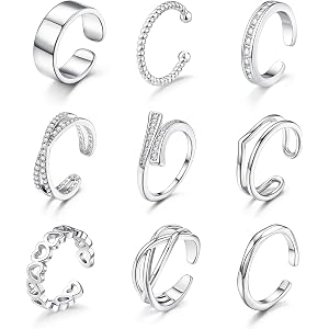 FIRAZIO 9Pcs Toe Rings for Women Non Tarnish | Adjustable 14K Gold Plated Toe Ring Silver Dainty Open Toe Rings Set Waterproo