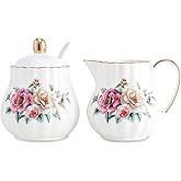 Cozierlavie Ceramic Sugar and Creamer Set, 3 Piece Set with Cream Pitcher, Sugar Bowl, Spoon (Camellia)