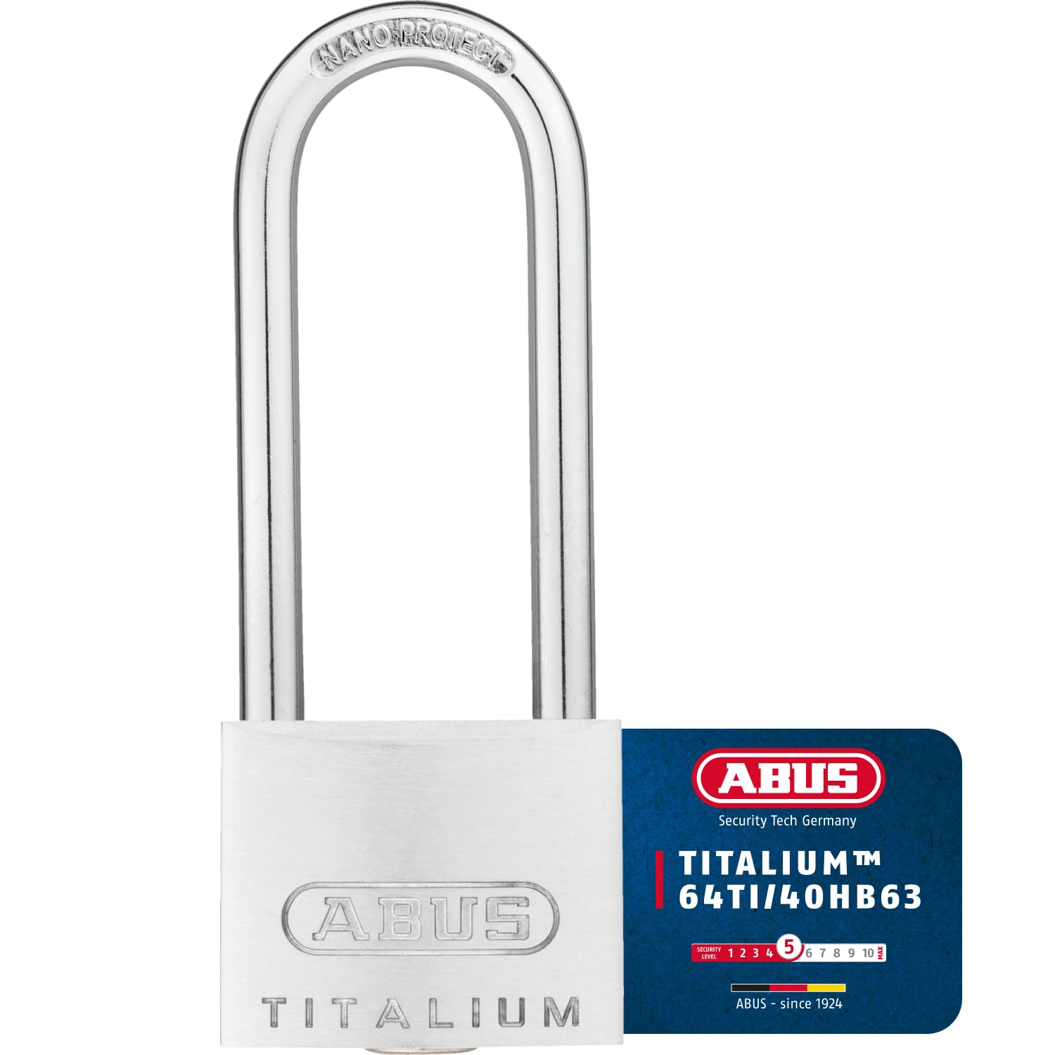 ABUS Padlock Titalium 64TI/40HB63 gl.-6411 - keyed Alike and with high Shackle - Basement Lock with Lock Body Made of Special Aluminium - ABUS Security Level 5