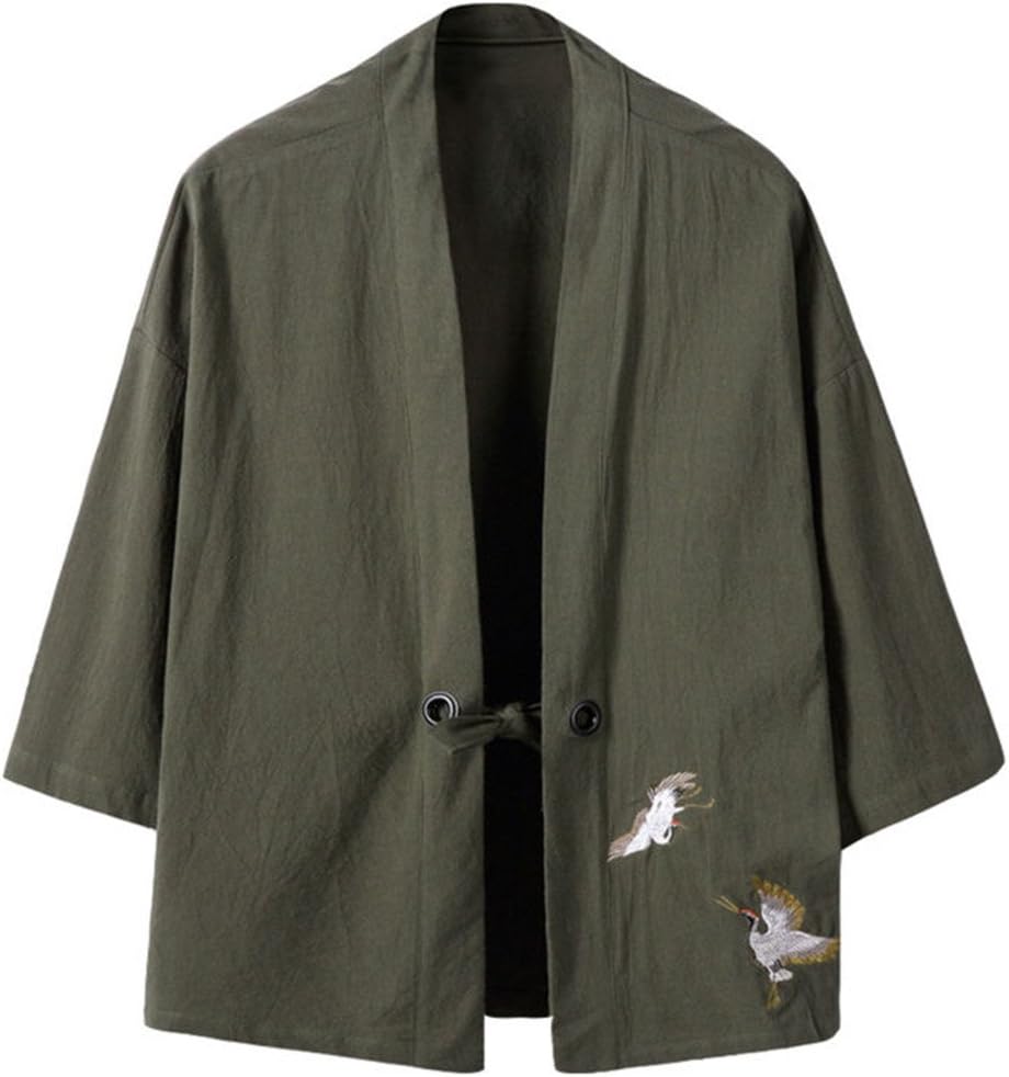 HZCX FASHION Men's Cotton Blends Linen Open Front Cardigan Kimono Jackets