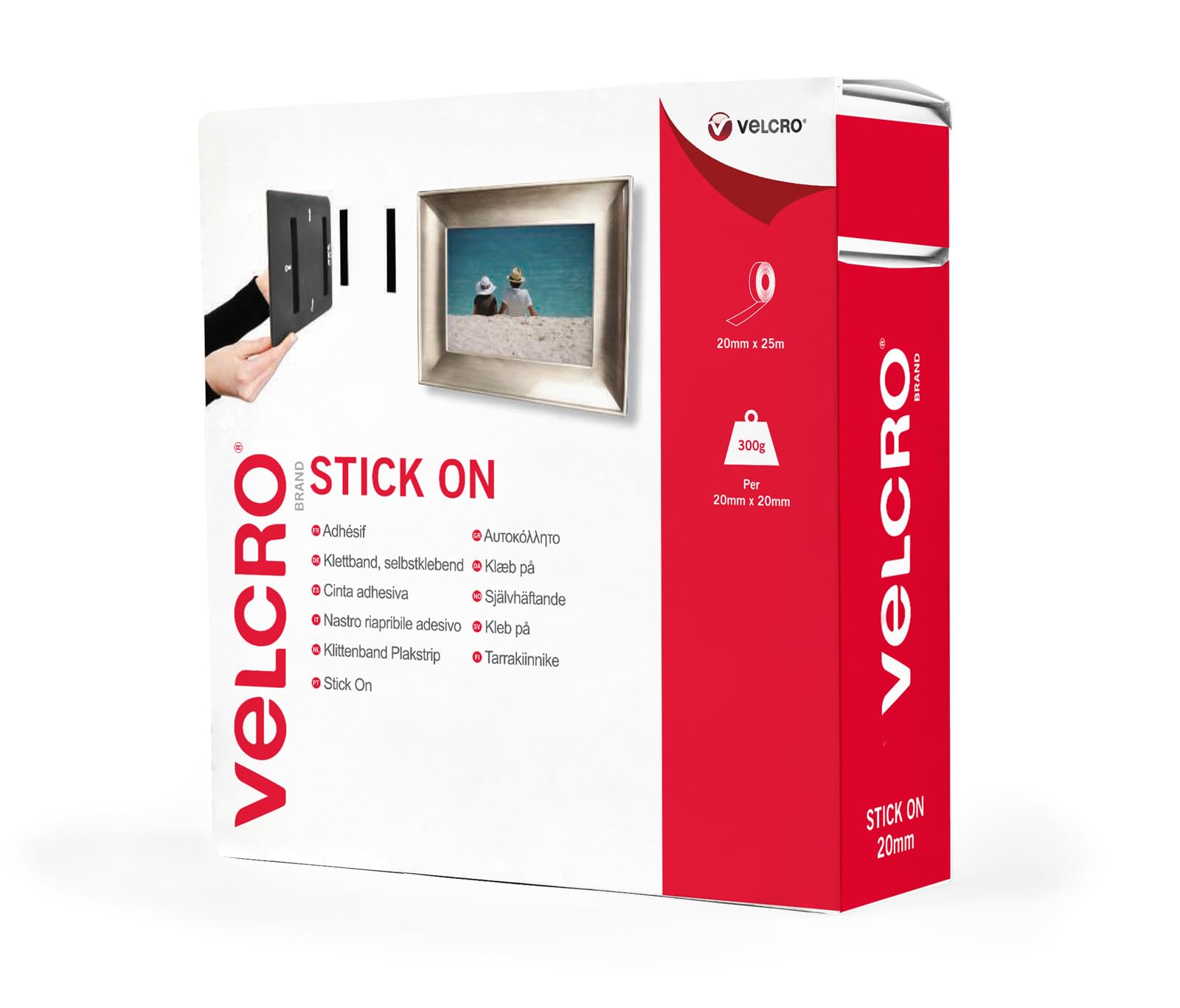 VELCRO Brand | Stick On Tape | Cut-to-Length Strong Hook & Loop Self Adhesive Sticky Tape Perfect for Room Décor & Home, Office, Garage Use | White | 20mm x 25m