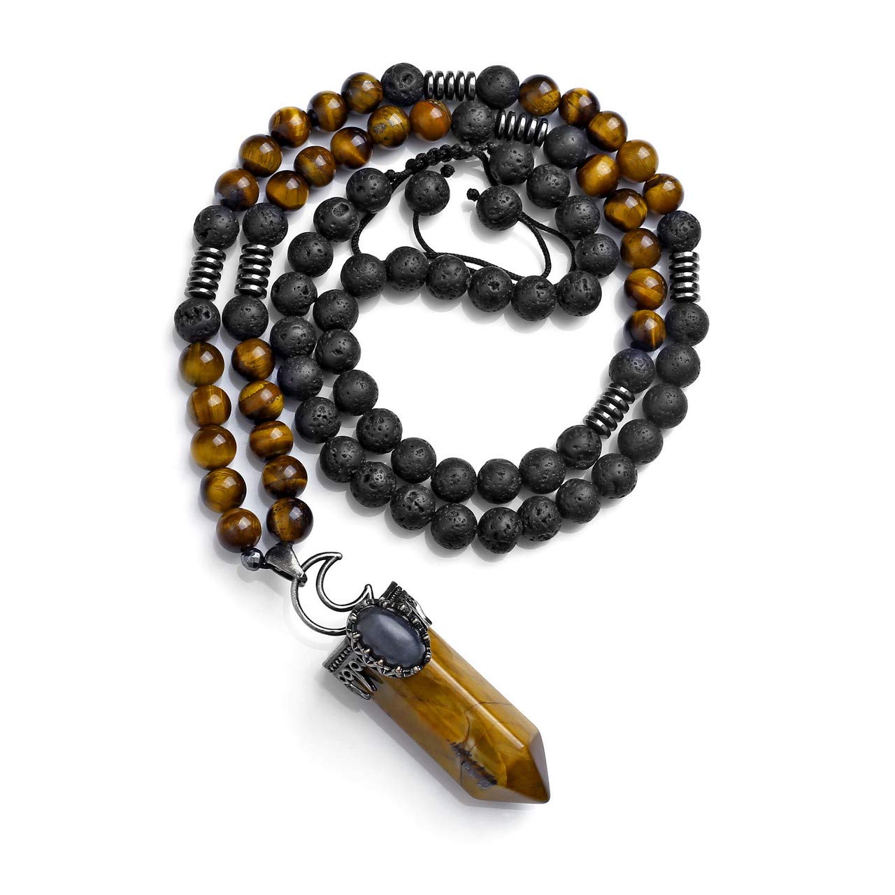 JOVIVI Tiger Eye Lava Stone Anxiety Mala Prayer Beads Yoga Meditation Long Necklace Natural Hexagonal Gemstone Healing Crystal Point Pendant Women Men Jewellery