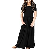 Deerose Girls Maxi Dresses Holiday Long Dress Short Sleeve with Pockets 5-14 Years