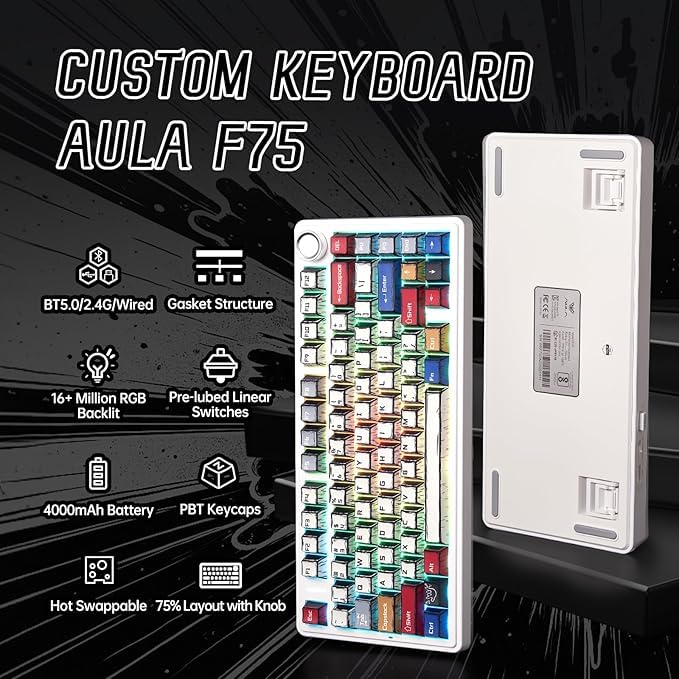 Aula F75 Wireless Mechanical Keyboard,Creamy Keyboard with RGB Backlit Hot Swappable, 81 Keys 75% Layout Gaming Keyboard, Bluetooth/2.4GHz/Type-C, Creamy Sounding - Reaper Switches