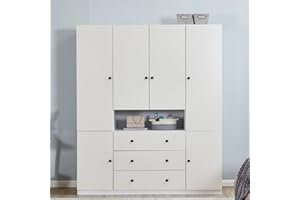 ModMakers 74" Tall 4 Doors 3 Drawers White Wood Wardrobe Closet Armoire Closets for Bedroom Freestanding Bathroom Wardrobe Cabinet with Hanging Rod Shleves Wooden Clothes Storage Organizer