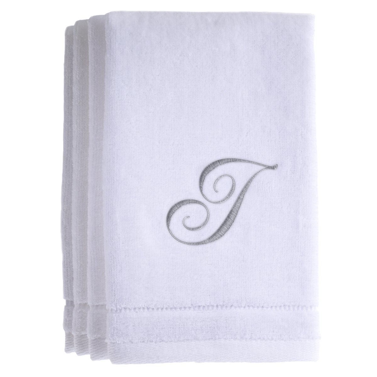 Monogrammed Towels Fingertip, Personalized Gift, 11 x 18 Inches - Set of 4- Silver Embroidered Towel - Extra Absorbent 100% Cotton- Soft Velour Finish - For Bathroom/ Kitchen/ Spa- Initial I (White)