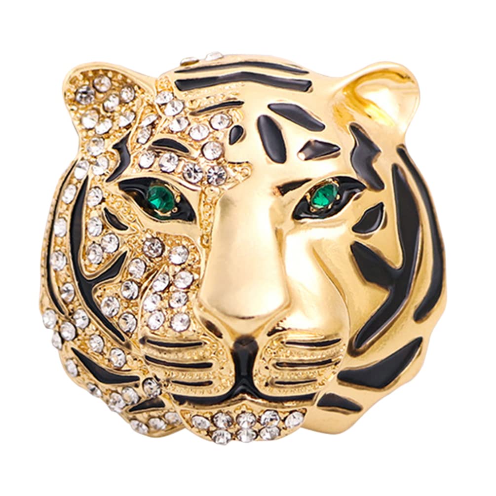 Tiger Head Brooch Pin Crystal Rhinestones Animal Badge Suit Breastpins Clips Collar Lapel Pin Clothes Dress Corsage for Men Women Golden