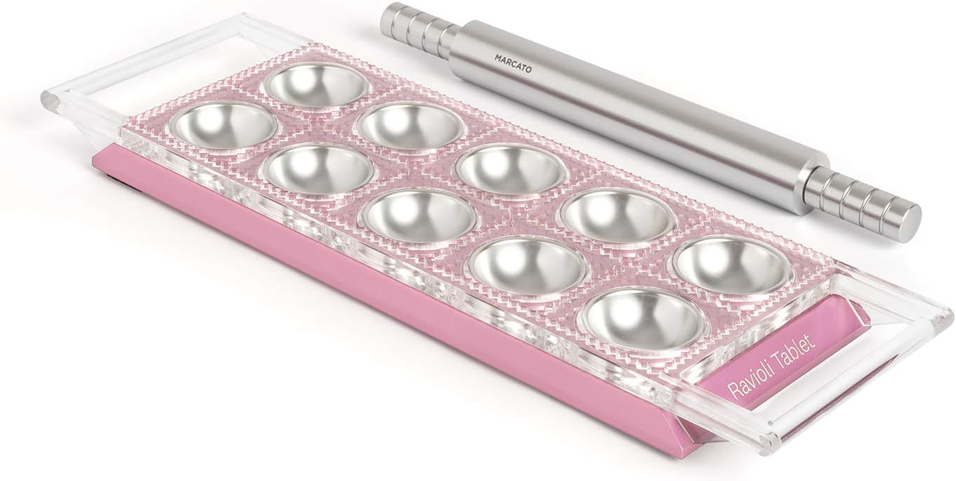 MarcatoRavioli Maker Press, Ravioli Machine, Homemade Ravioli Cutter, 50 mm Square Cut, Aluminum Rolling Pin Included, Made in Italy. Model: Ravioli Tablet, Pink