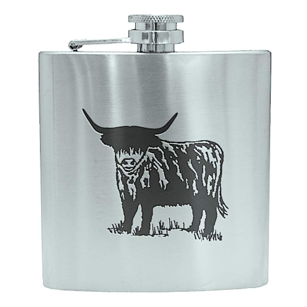 Polished Stainless Steel 6oz Hip Flask Engraved with Highland Cow