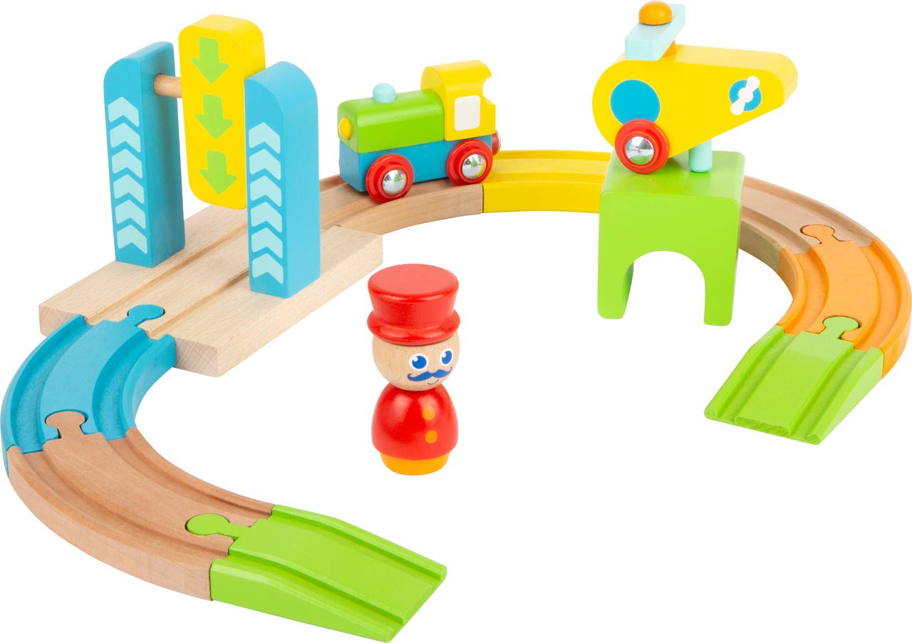 Small Foot 11493 Wooden Railway Set, with Locomotive and Helicopter, in Bright Colours, for Infants From 1 Year Old