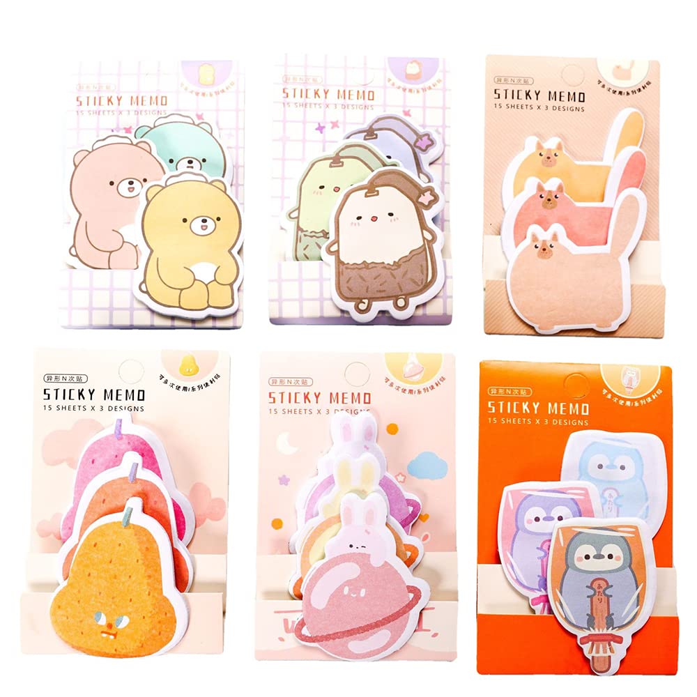 6 Pads 270 Sheets Sticky Notes, Cartoon, Self-Stick Removable, Cute Animals, Multipurpose Sticky Notes, 6 Specifications, Memo for Home School Office