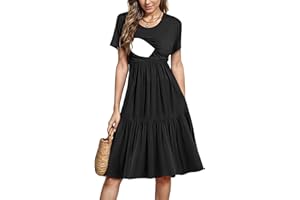 PARNIXS Women's Summer Nursing Dress Short Sleeve Maternity Knee Length Breastfeeding Dress