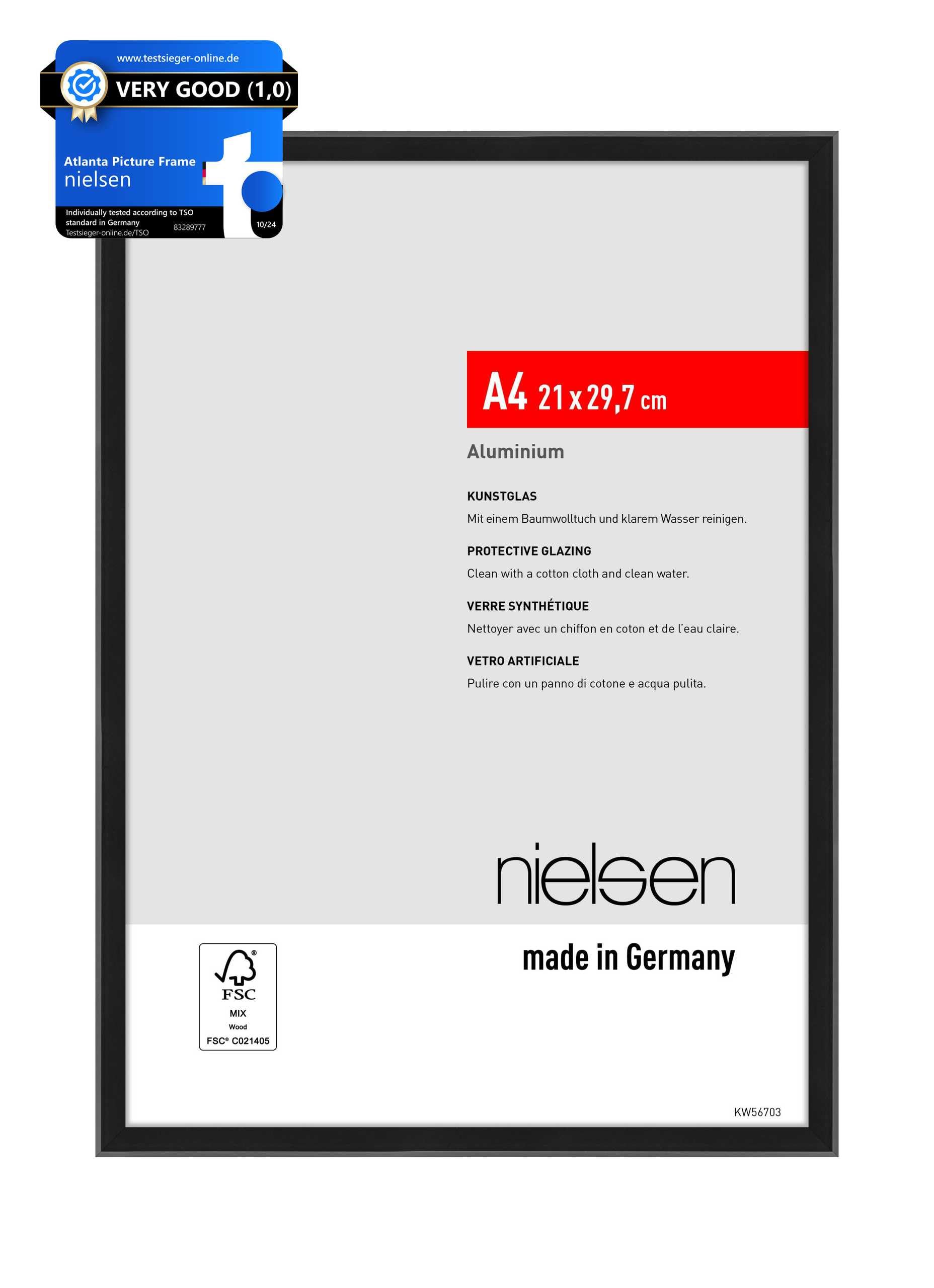 nielsen Atlanta Aluminium Picture Frame - Frosted Black A4, 21x29.7cm - with Synthetic Glass and Push-Turn Clips