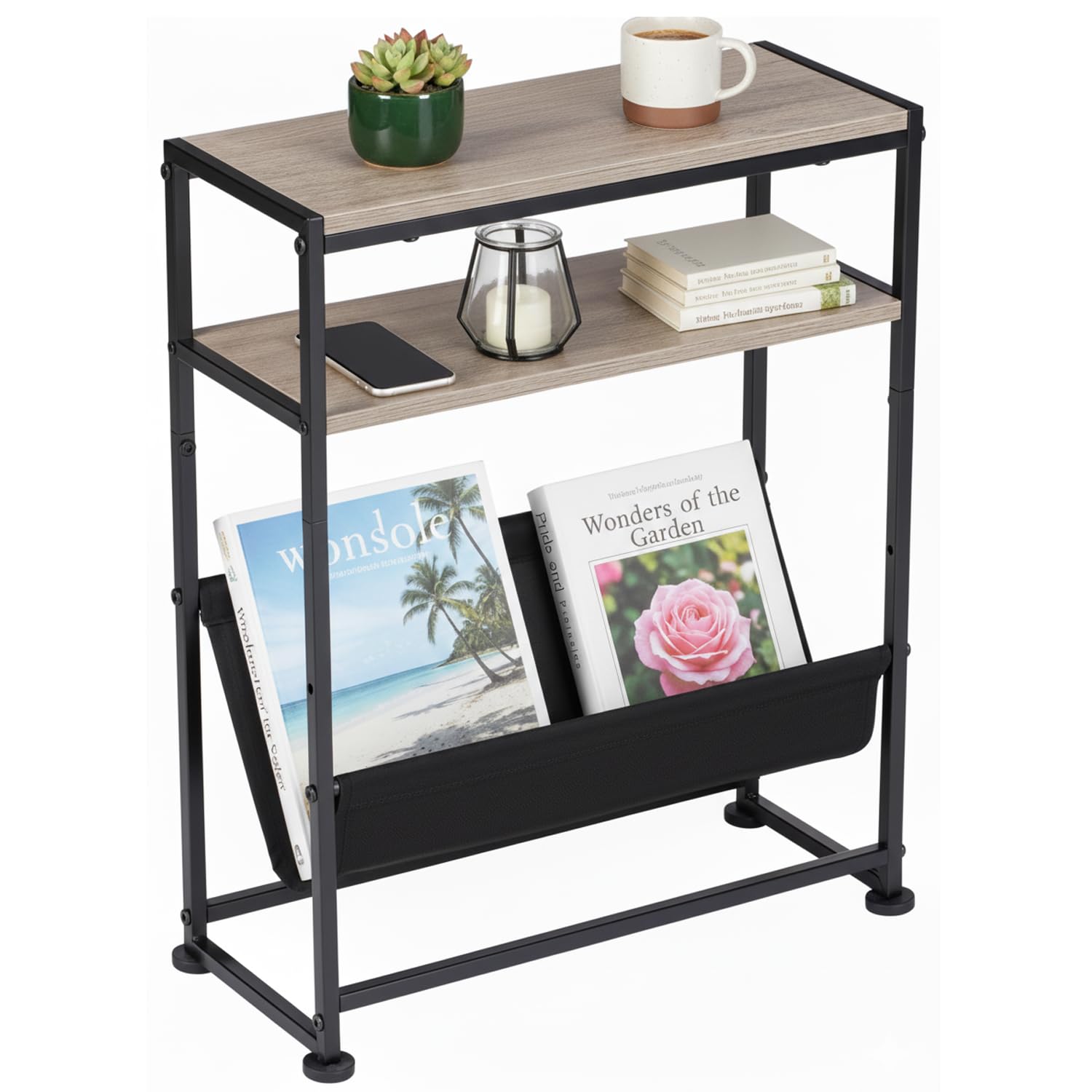 ZEXVIDA Small End Table for Small Spaces - Slim Side Table with Magazine Holder,2 in 1 Design Narrow End Table Living Room,Skinny Bedroom Nightstand Thin Side Magazine Table (Oak)