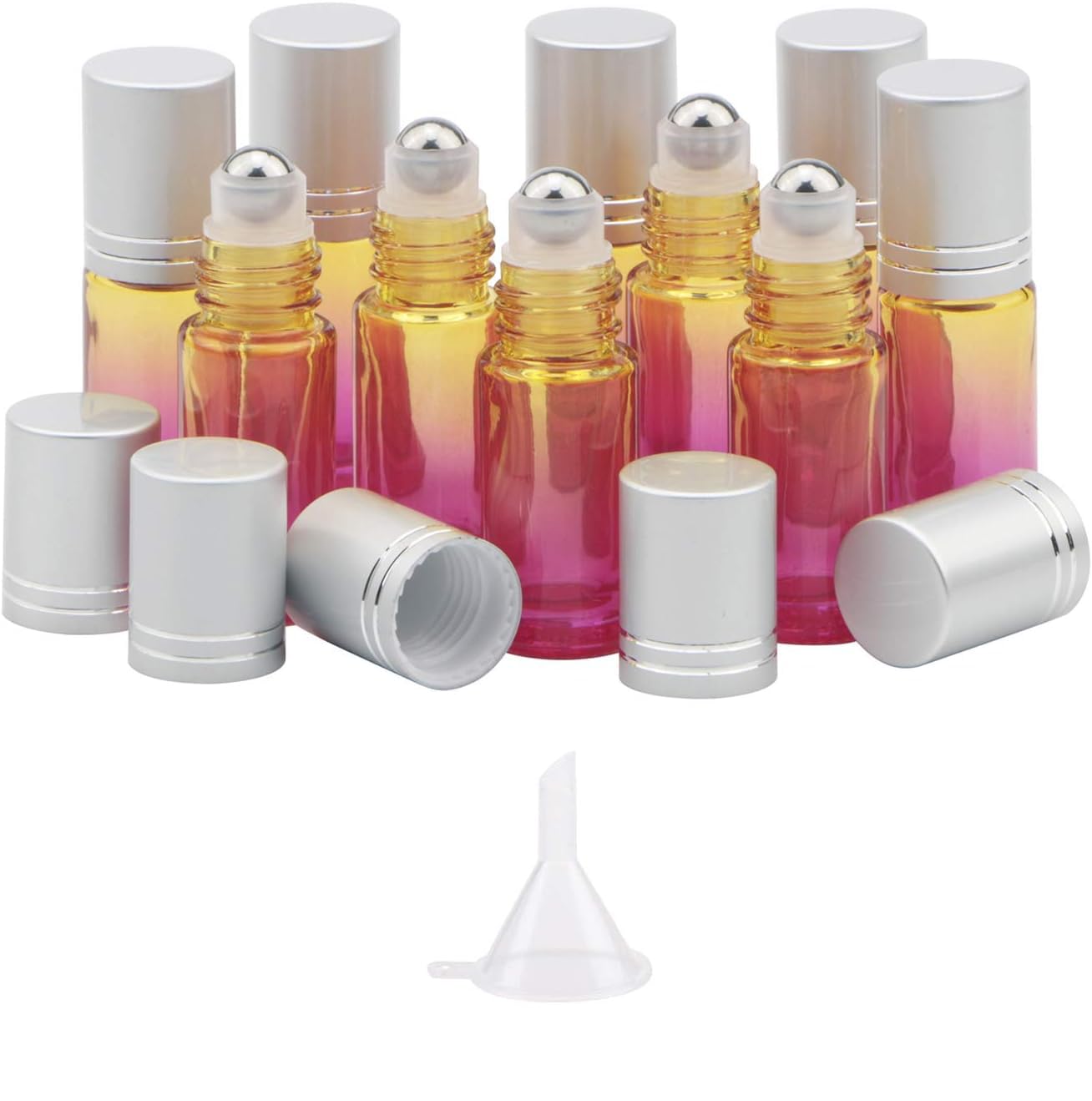 Photo 1 of 10 Pack 5ml Yellow-Rose Gradient Essential Oil Roller Bottles with Stainless Steel Roller Ball and Silver Lid for Aromatherapy, Essential Oils, Perfumes and Lip Balms?1 Funnel, 1 Bottle Opener?