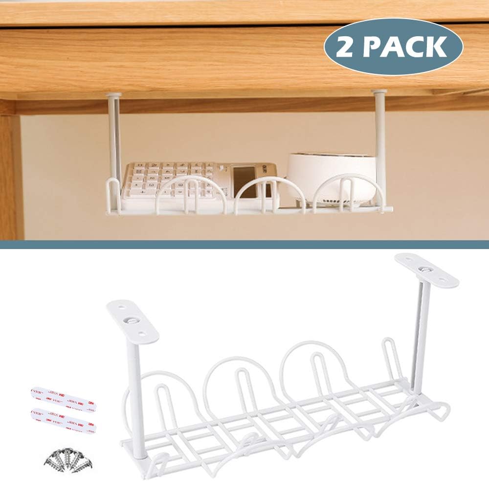 Under Desk Cable Management 2 Pack Cable Management Tray Wire Cable Tray Organizer for Office & Home, White