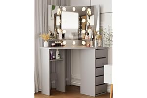 Likein Grey Corner Makeup Vanity Desk with Mirror and Lights, Tri-Folding Lighted Mirror Dressing Table with 5 Drawers for Girls Women, Brightness Adjustable