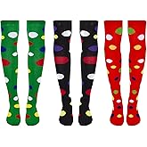 baotongle 3 Pairs Clown Socks Over the Knee Socks for Women Girls Polka-Dot Christmas Halloween Circus Stage Cosplay