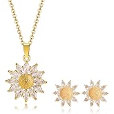 QLYOVWE Dainty Sunflower Jewelry Set for Women 14K Gold Plated Sunshine Flower Necklace Shiny Cubic Zirconia Petals Stud Earrings Fashion Sunflower Accessories Gift for Mom