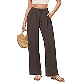 GRAPENT Linen Pants for Women Wide Leg High Waisted Baggy Drawstring Elastic Waist Palazzo Trousers Pants with Pockets