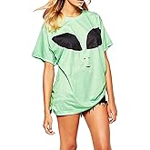 Forlisea Womens Casual Alien Print Short Sleeve Loose T-Shirt Top Oversize Graphic Tee Baggy Shirts for Women Green