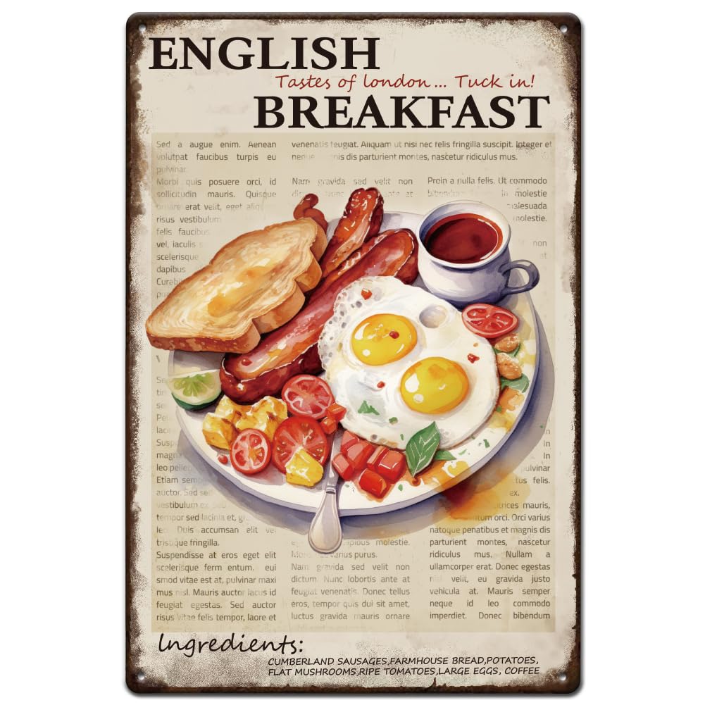 SUPERDANT English Breakfast Metal Signs Funny Breakfast Tin Signs Taste of London Wall Plaques Funny Signs and Plaque Kitchen Metal Sign for Home Bar Kitchen Restaurants Pub Man Cave Vintgae Decor